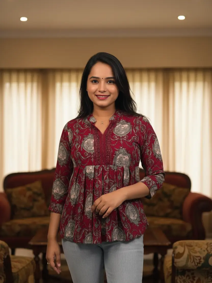 Red Floral Bloom Kurti Top